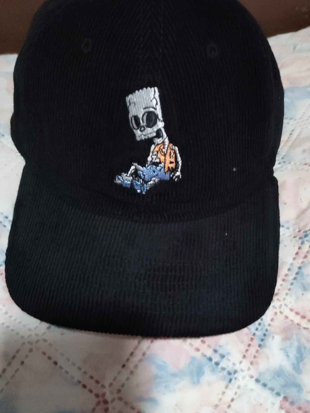 The Simpsons Black Corduroy Cap with Cartoon Skeleton Embroidery
